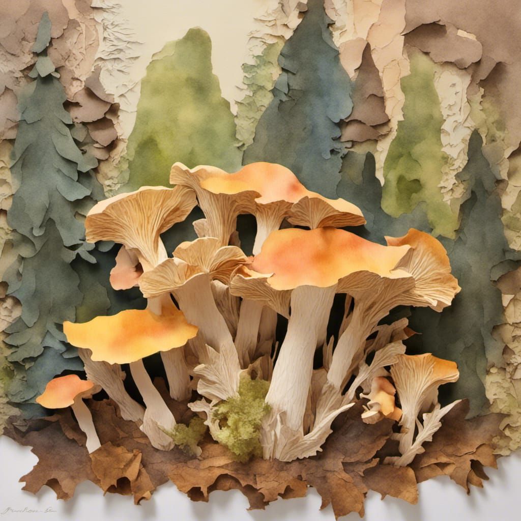 Peach Chanterelle Mushrooms in Pine Forest, Abstract Waterco...