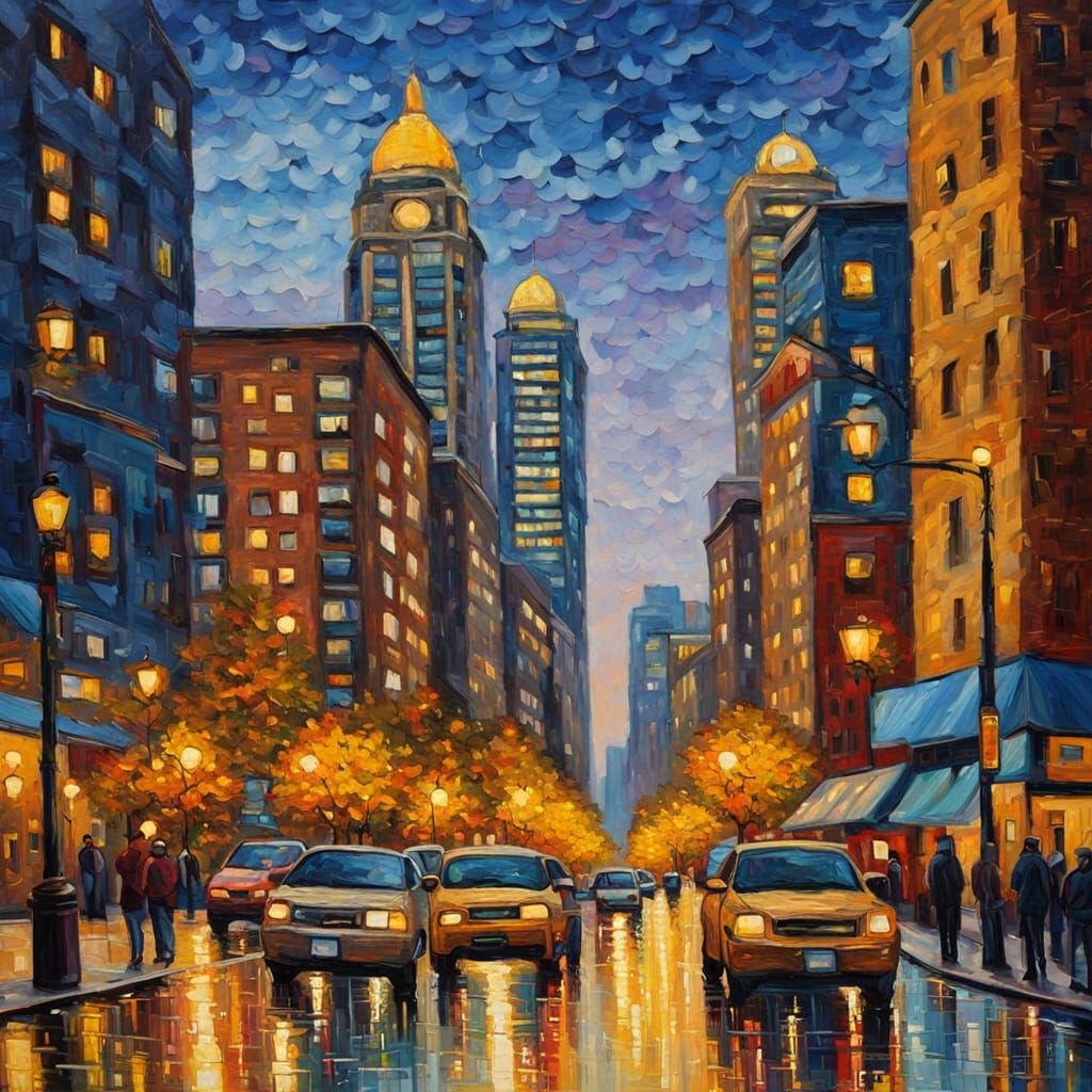 Vancouver Cityscape in Neo-Impressionist Oil Painting