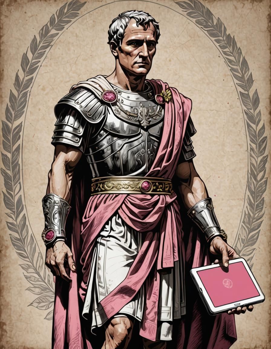 Julius Caesar Intrigued by Pink Tablet: Selective Color Art