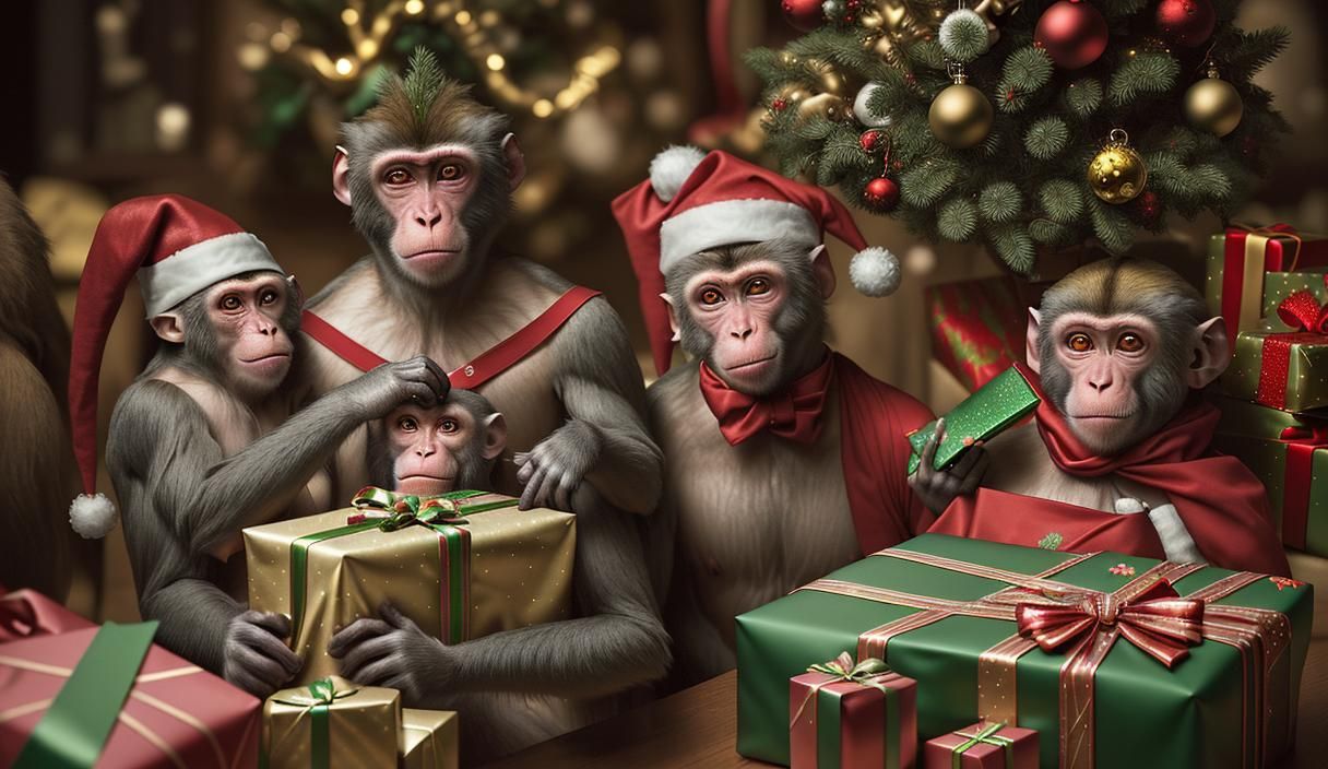 Monkeys Celebrate Christmas with Presents: Hyperrealistic Im...