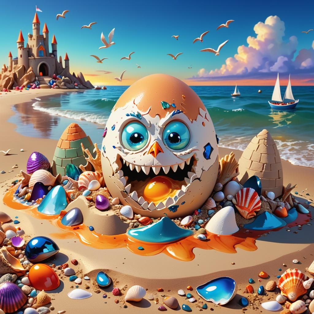 Angry Egg Destroys Sandcastle: Pixar-inspired Digital Art