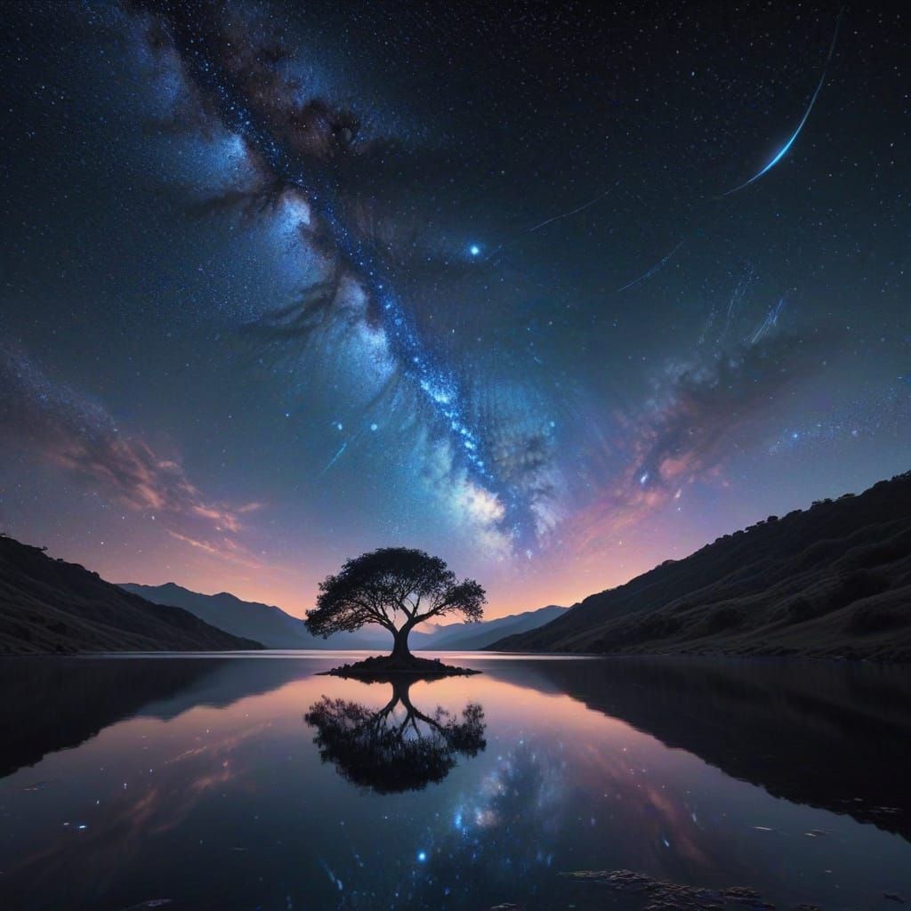 Ethereal Starry Night Sky Over Tranquil Landscape