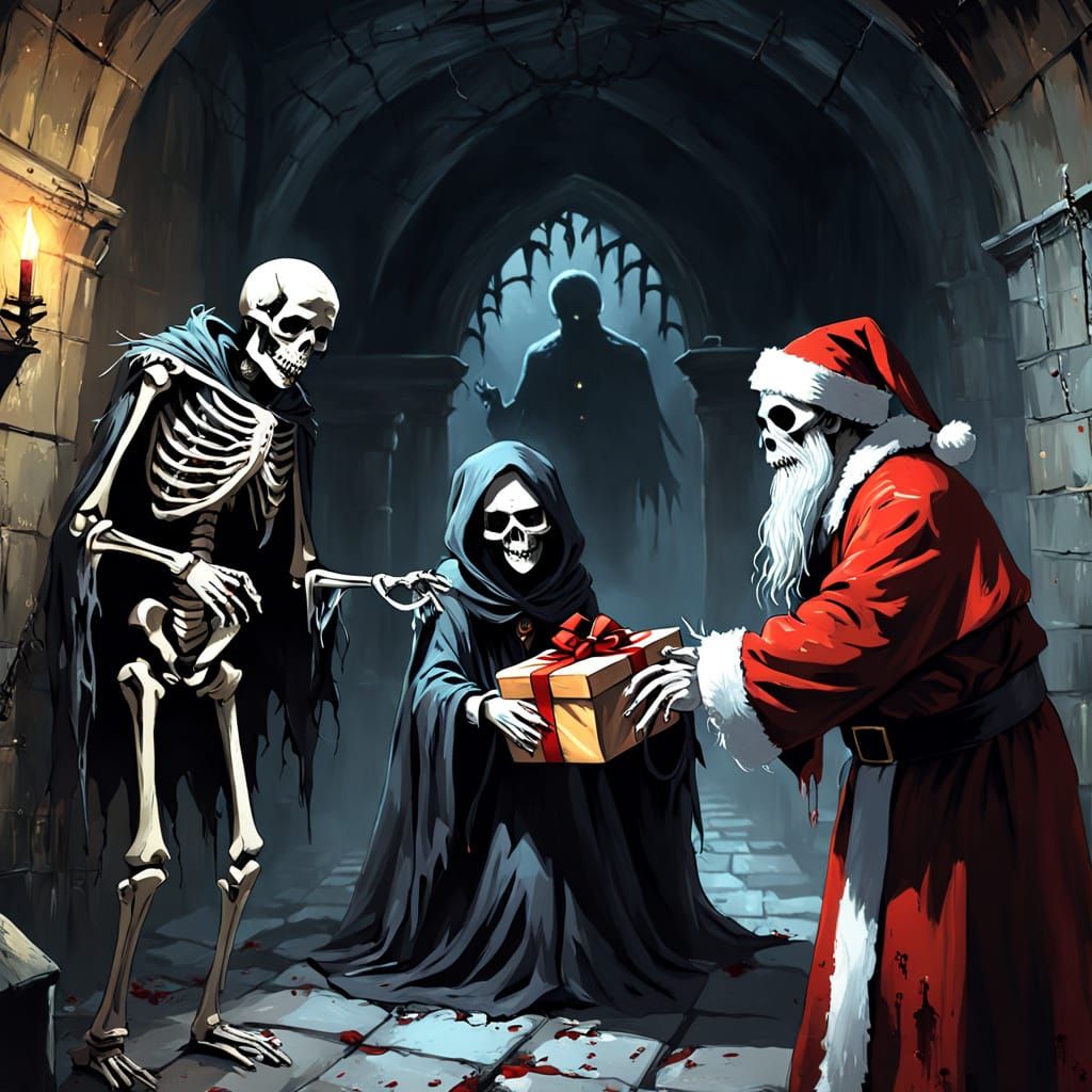 Gothic Christmas Horror Oil Painting of Santa in a Crypt