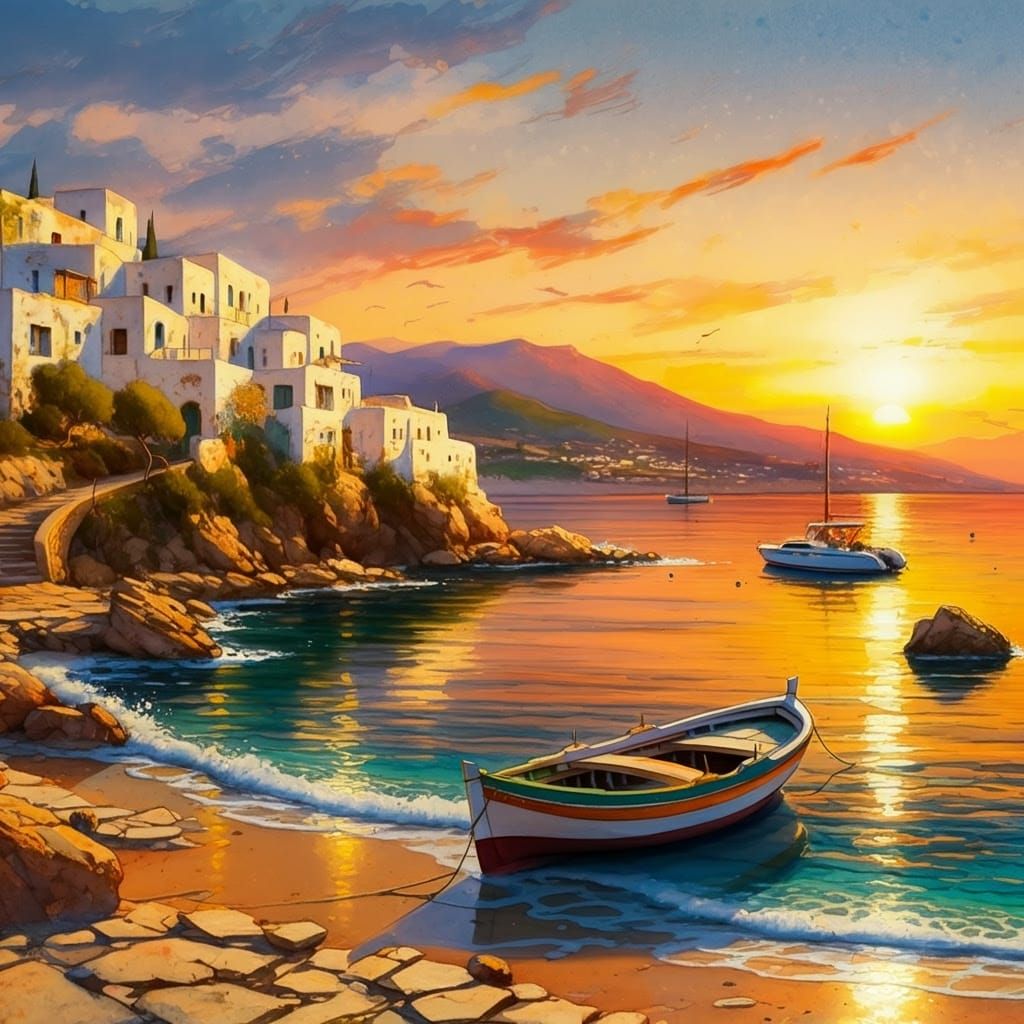 Idyllic Mediterranean Sunset Village in Vibrant Watercolor S...
