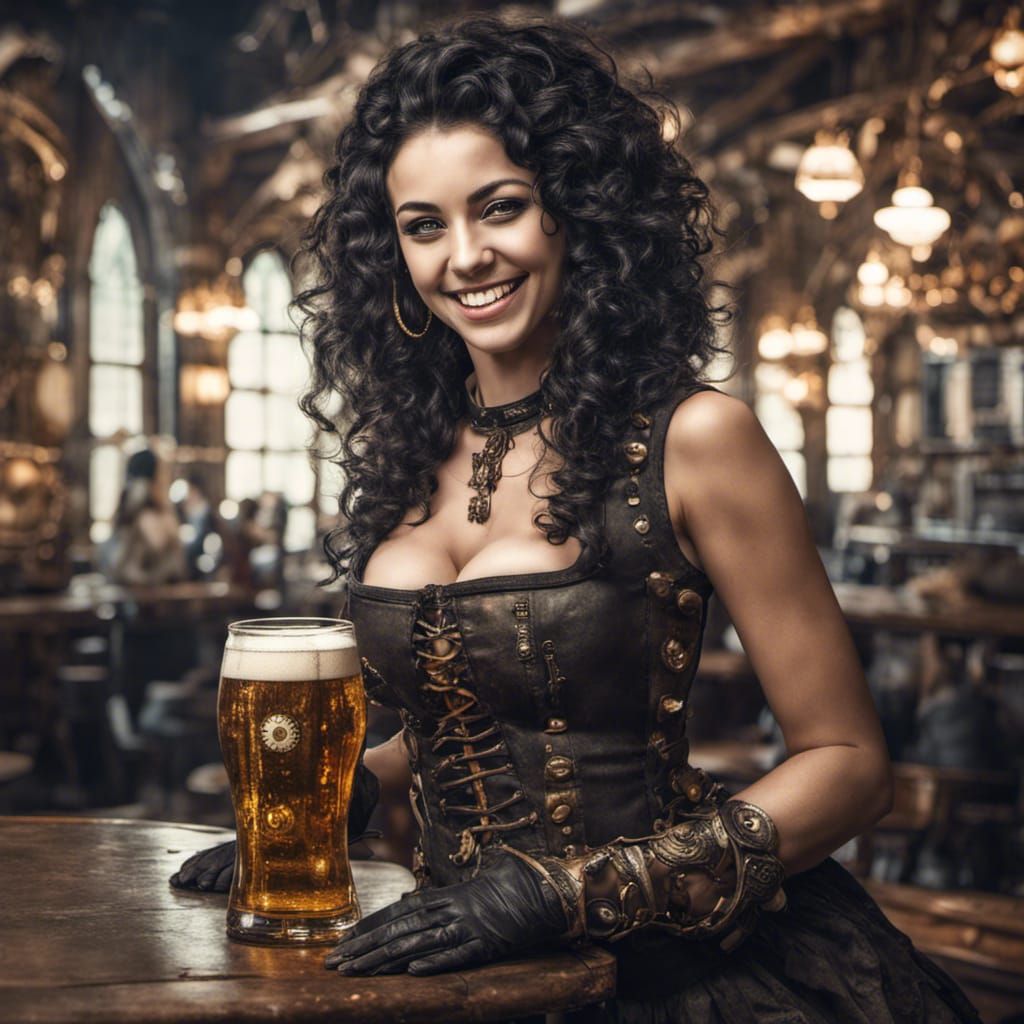 Steampunk Girl with Beer and Curly Hair