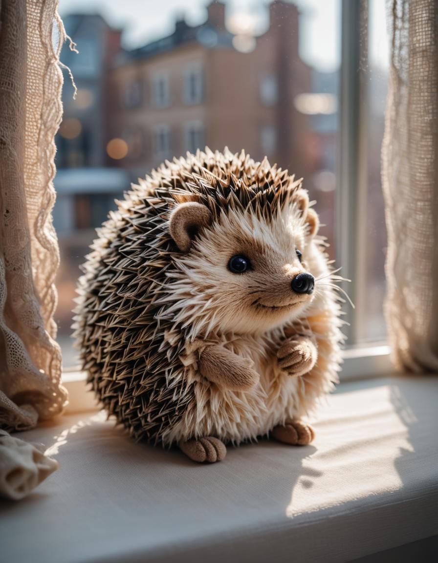 Fluffy Hedgehog Plushie on a Window Sill