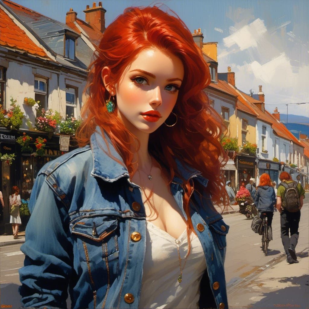 Pretty Red-Haired Woman in Irish Town, Animation Style