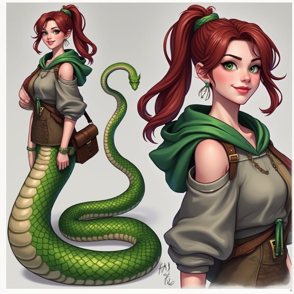 Surreal Fantasy Yuan-Ti Character with Serpent Tail in Semi-...