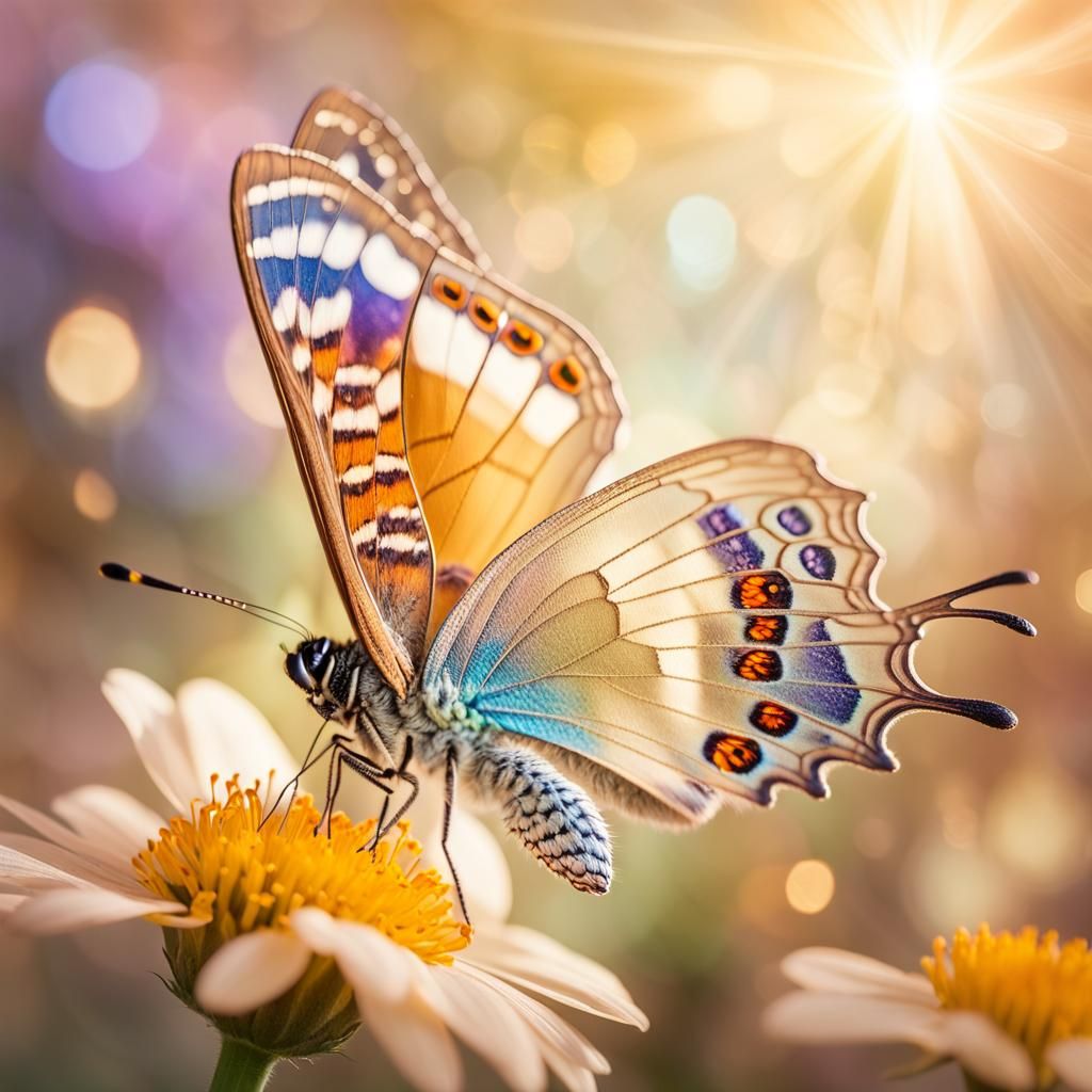 Iridescent Butterfly on Flower: Hyperrealistic Macro Photogr...