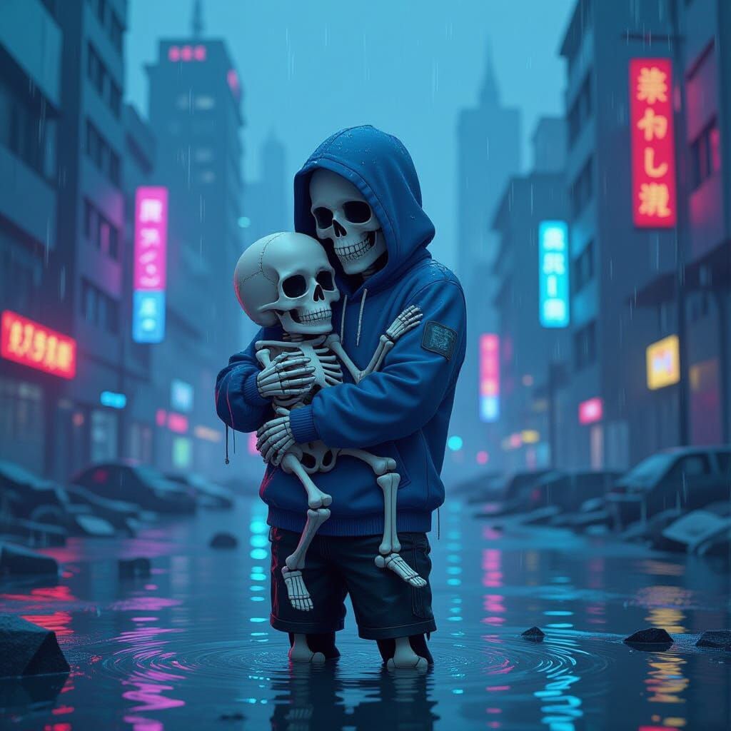 Sans and Frisk in Flooded Cyber-Noir City