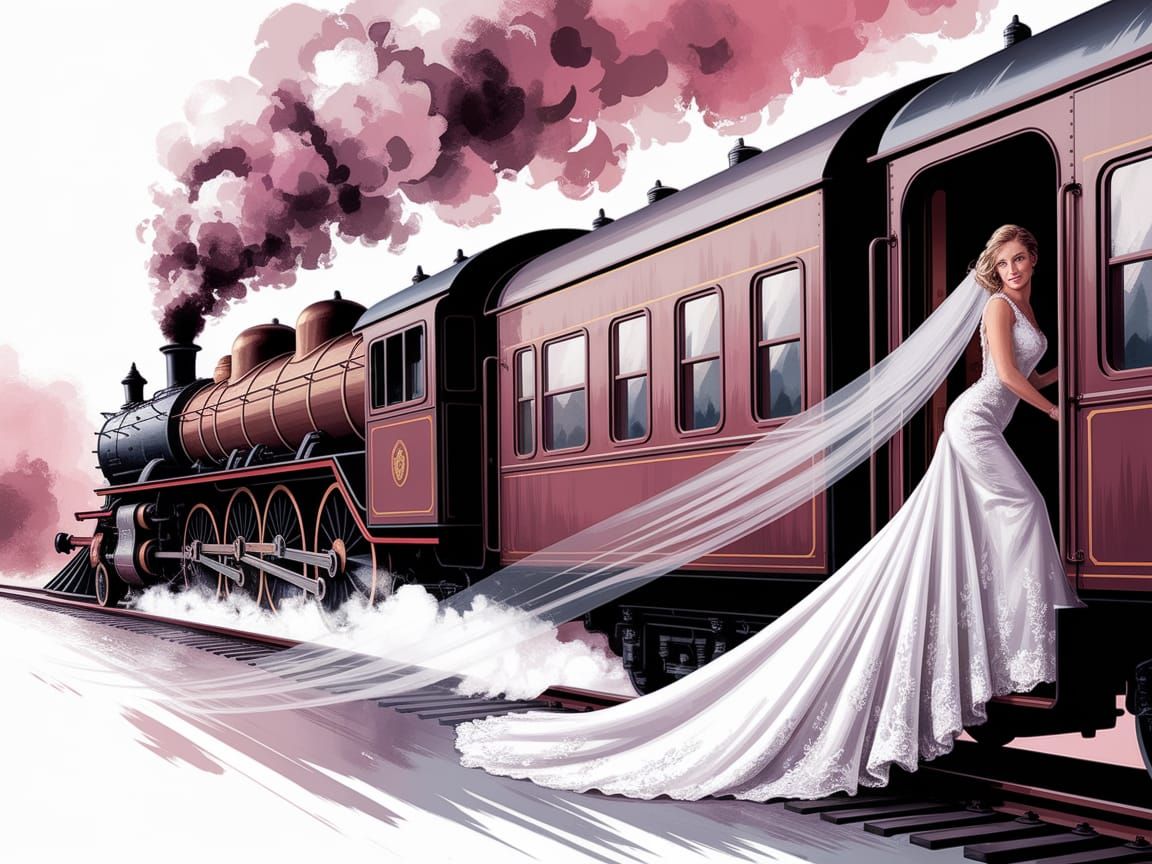Romantic Locomotive with Bride in Dreamlike Watercolor Hues