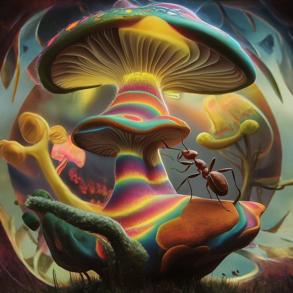 Psychedelic Mushroom and Ant in Surreal Forest