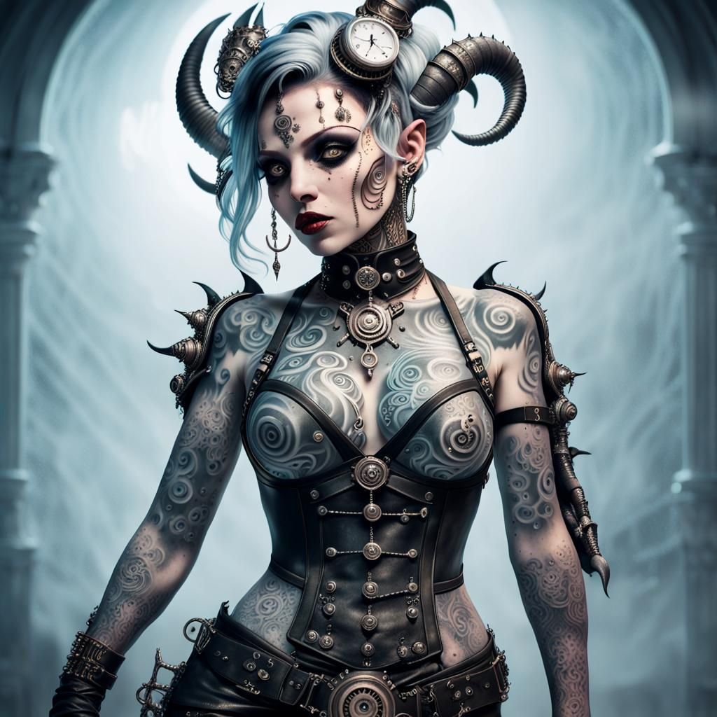 Steampunk Demon Woman Portrait in Monochromatic Mist