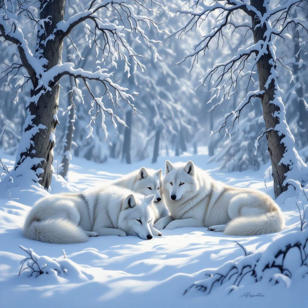 White Wolf Family in Snowy Forest Landscape Painting