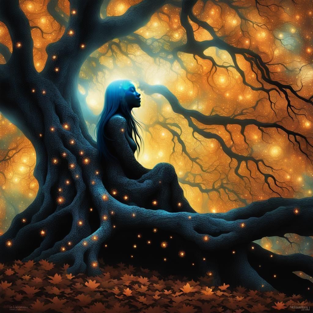 Silhouette Emerges from Glowing Ancient Tree