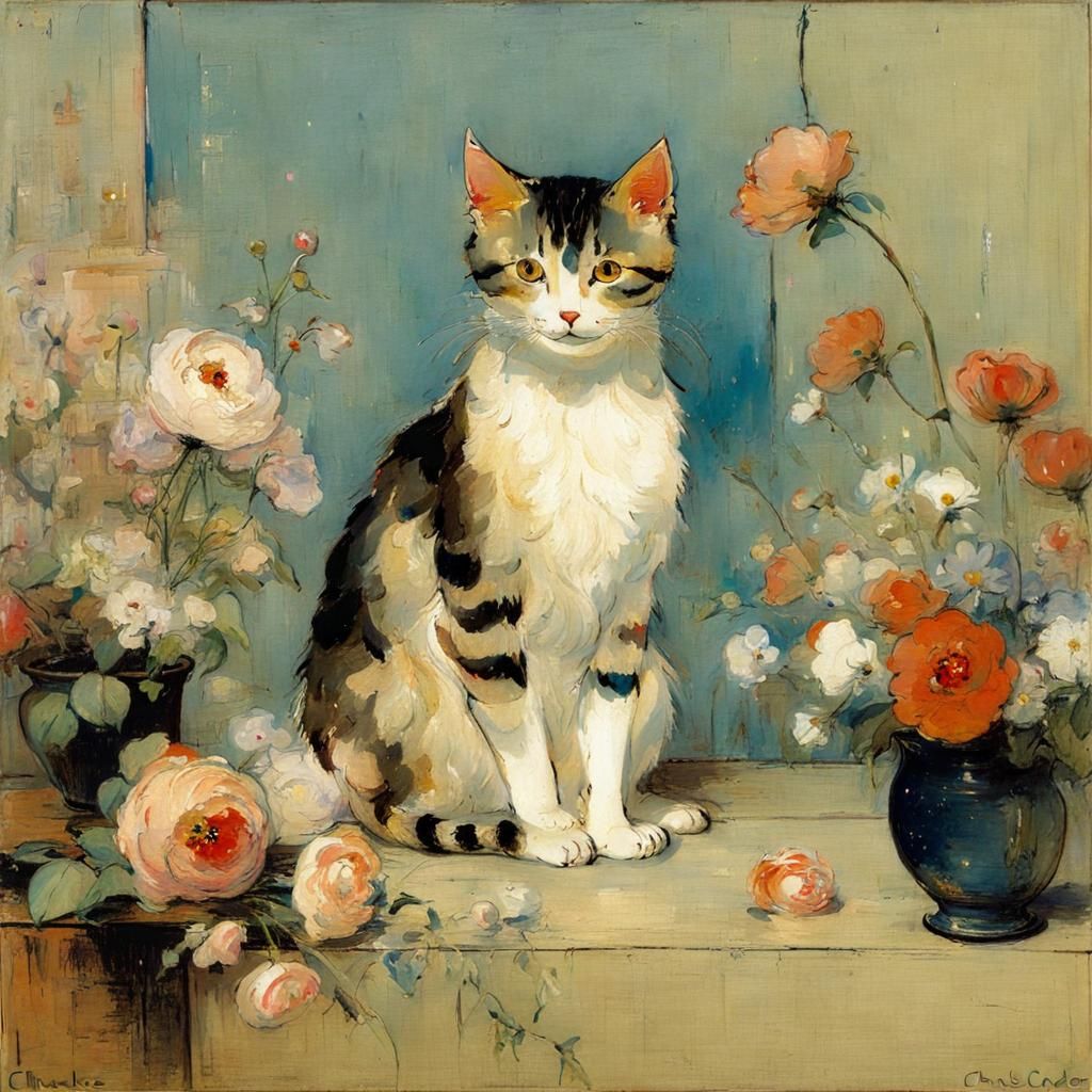 Cat Surrounded by Flowers in Heidelberg School Style