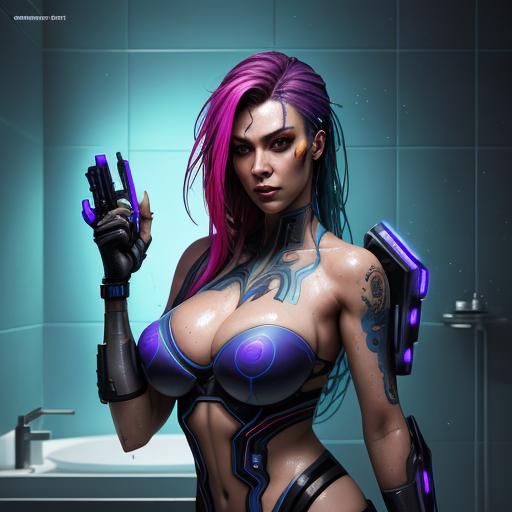 Cyberpunk Woman Takes a Bath: Hyperrealistic Art