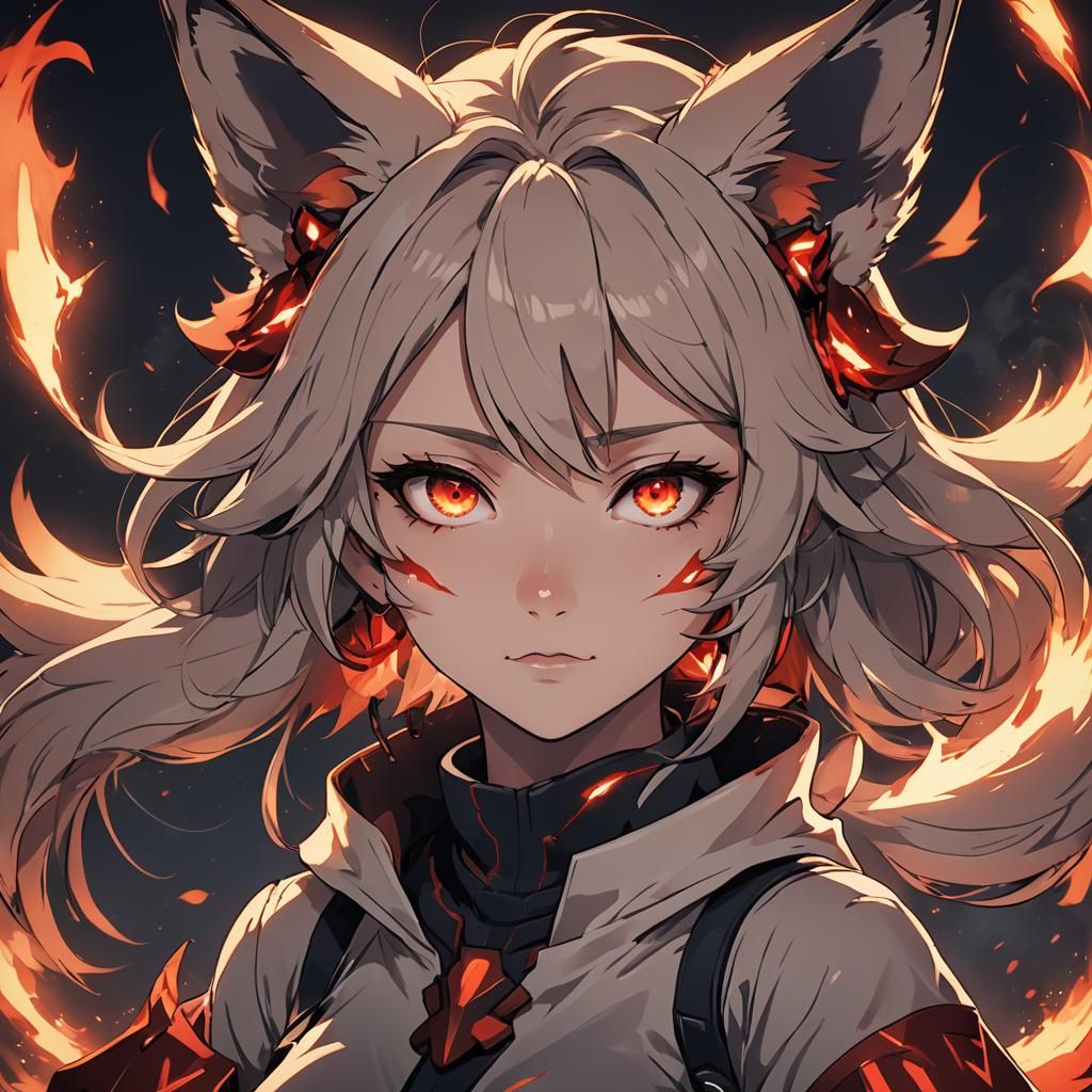 Anime Fox Girl with Glowing Eyes, Cel-Shaded Art