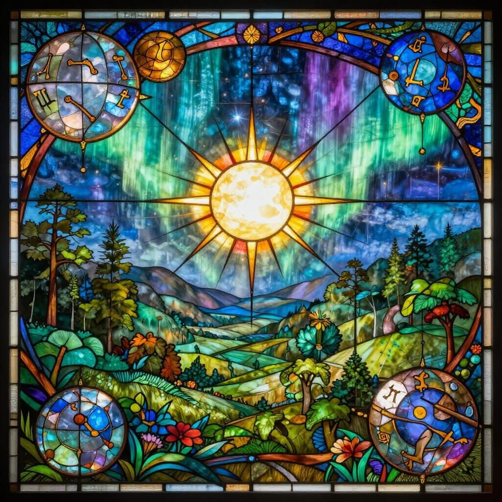 Stained Glass Valley Under Eclipsed Sun with Aurora
