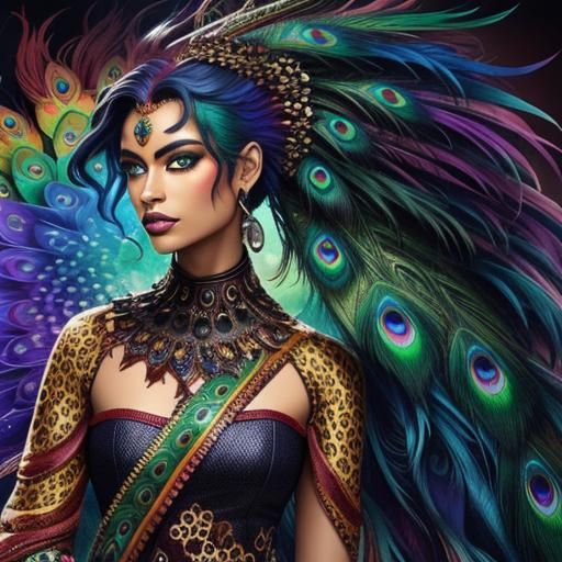 Dragon Scale Woman with Peacock Hair: Abstract Art