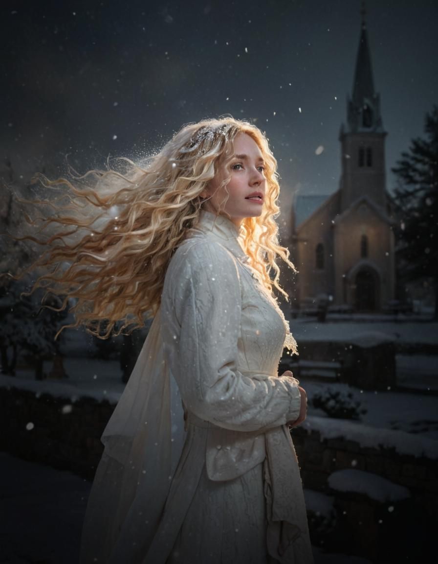 woman with long curly golden blond hair in a thin dress stan...
