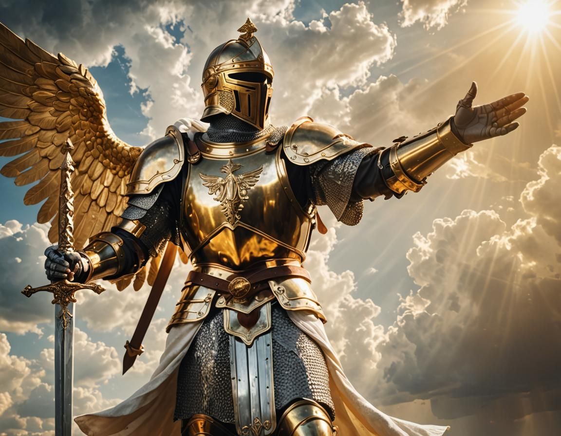 Knight in Golden Armor with Angel on Battlefield