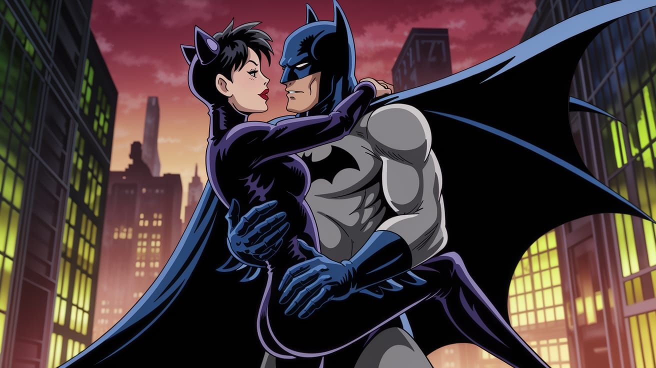 Batman and Catwoman in Anime-Style Embrace