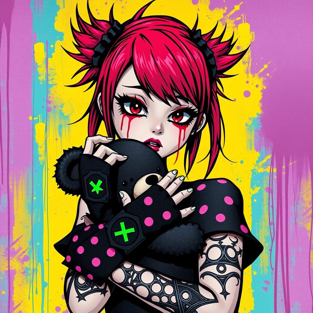 Gothic Punk Anime Goddess with Edgy Tattoos and Bold Style