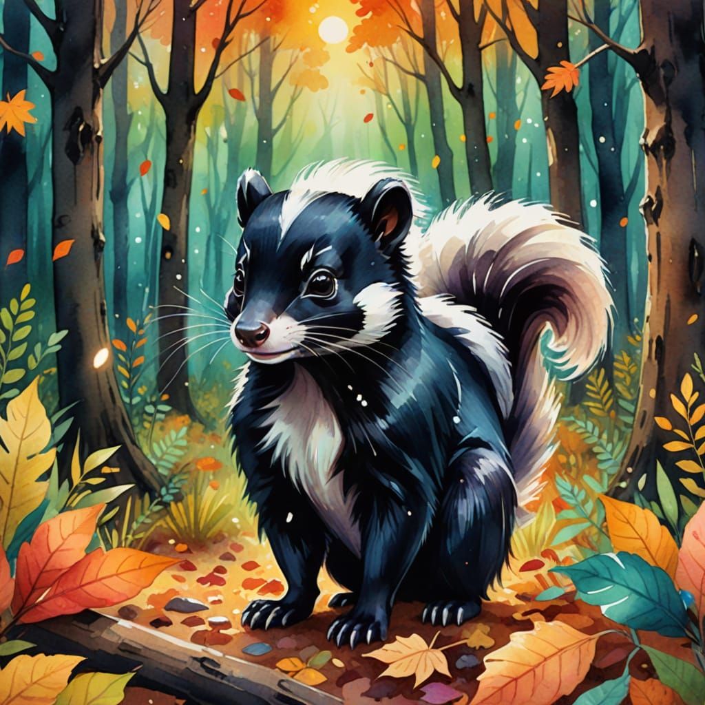 Whimsical Watercolor Skunk in Fall Forest