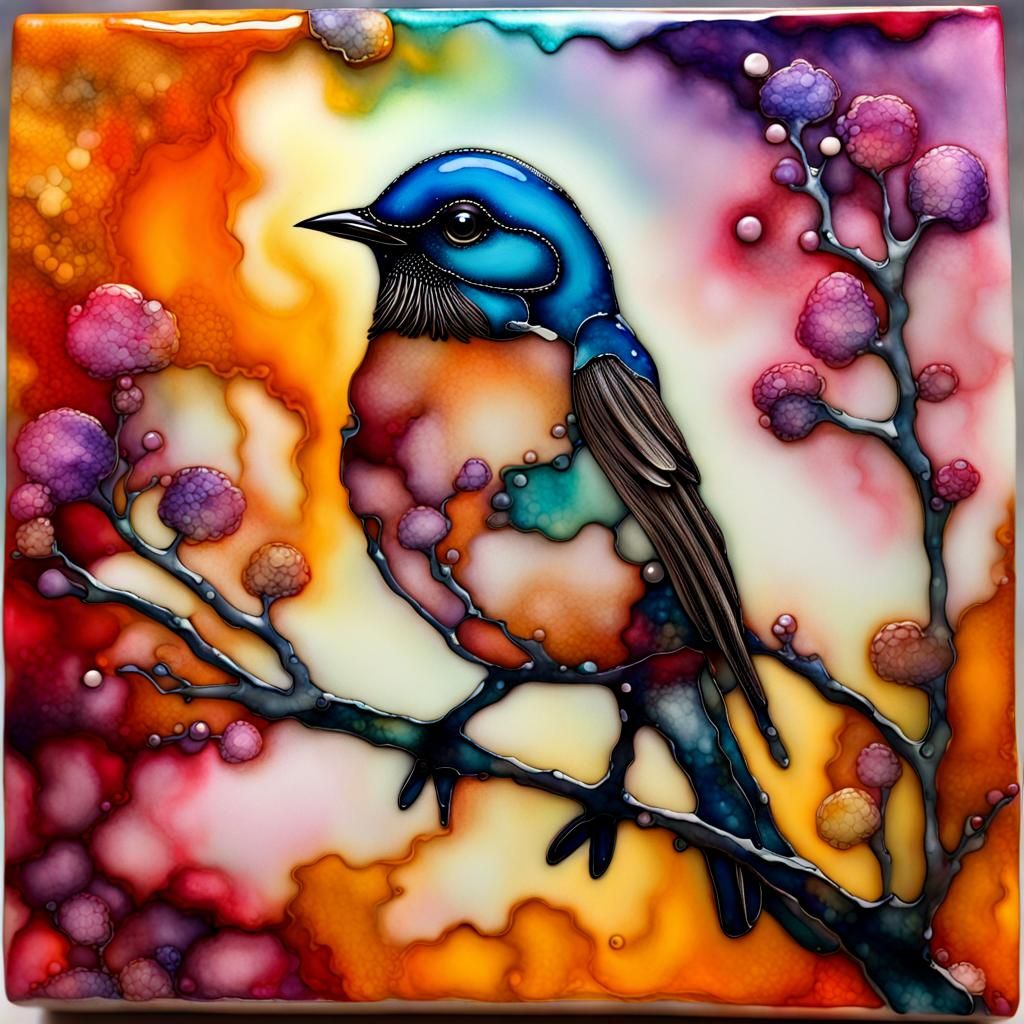 Encaustic Bird in Alcohol Ink Dreamscape