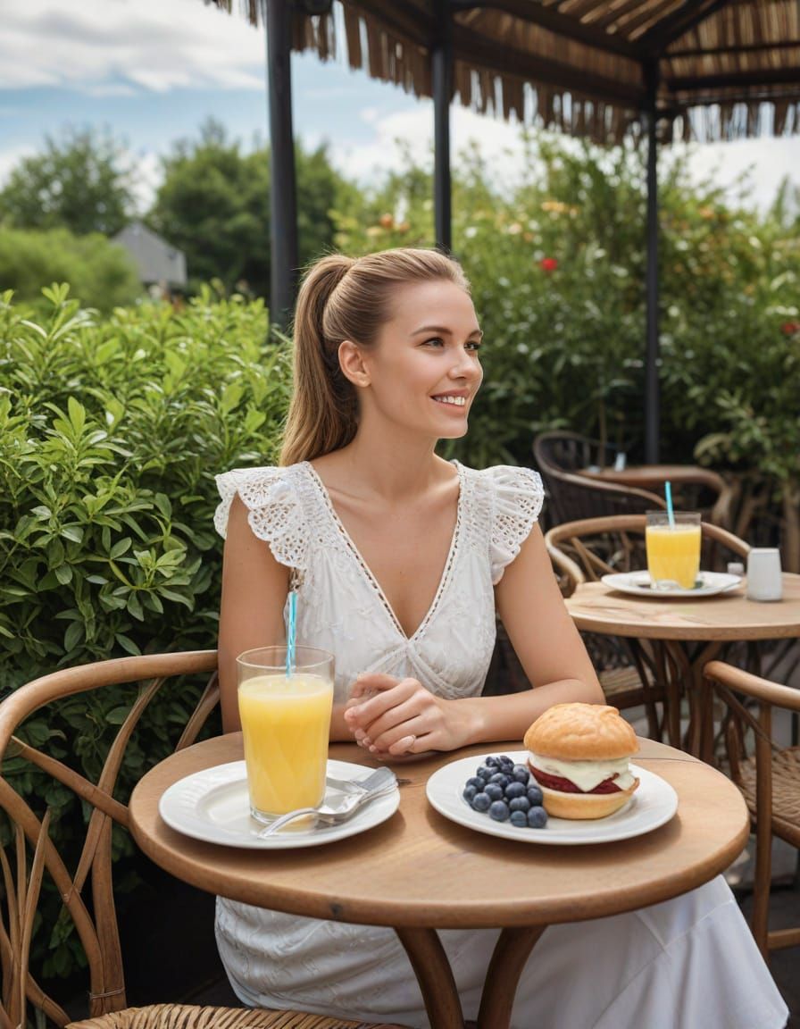 Woman Enjoying Outdoor Cafe Brunch in Summer Dress