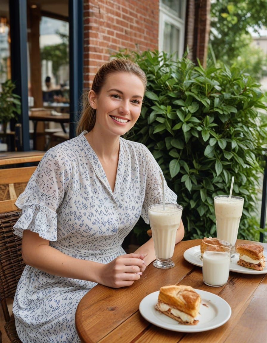 Woman Enjoying Coffee and Pastries at Outdoor Cafe