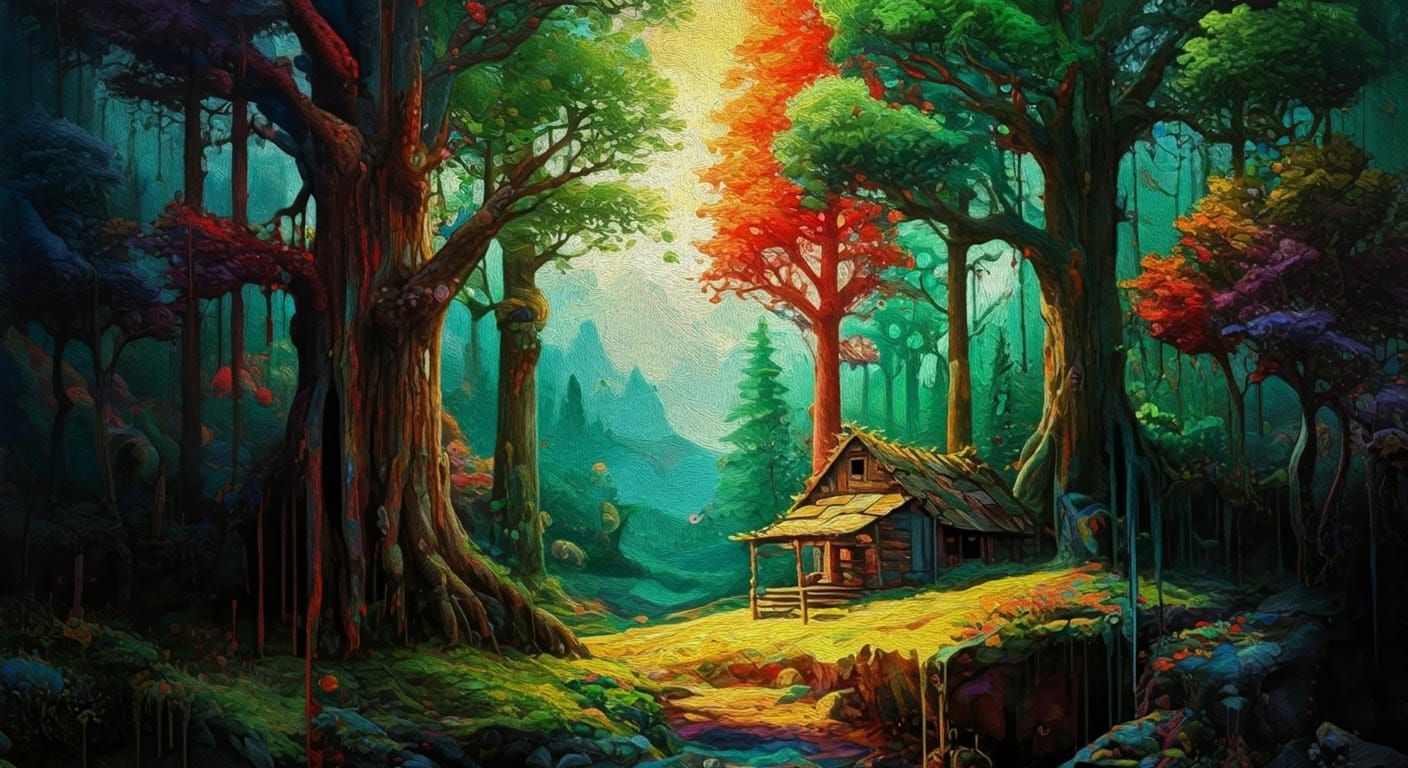 Whimsical Ancient Forest in Vibrant 3D Oil Painting