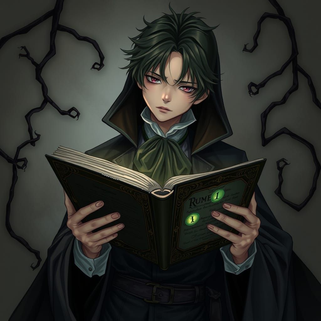 Mysterious Scholar with Ancient Tome in Anime Style