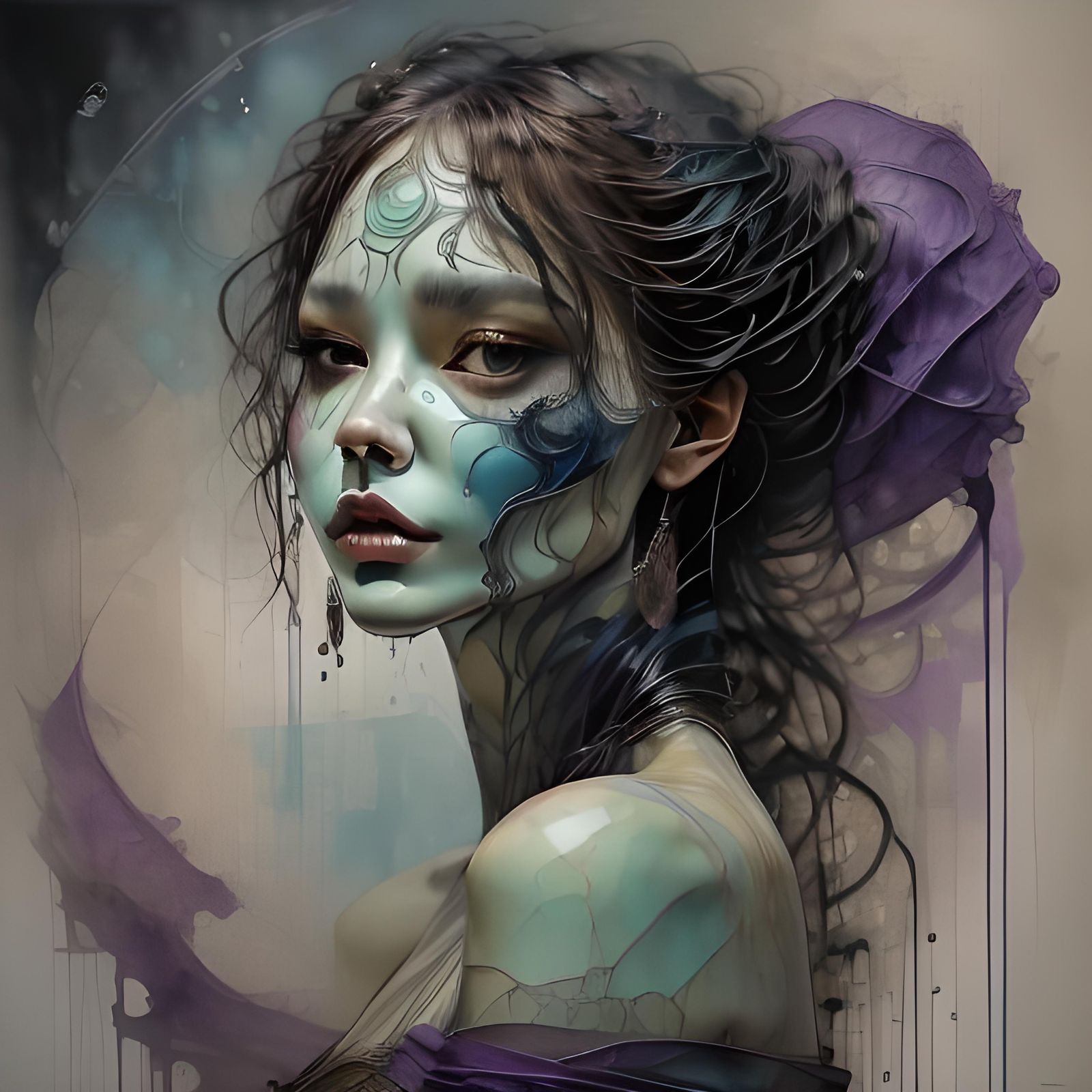 Woman in Glass Mask, Ink Art Portrait