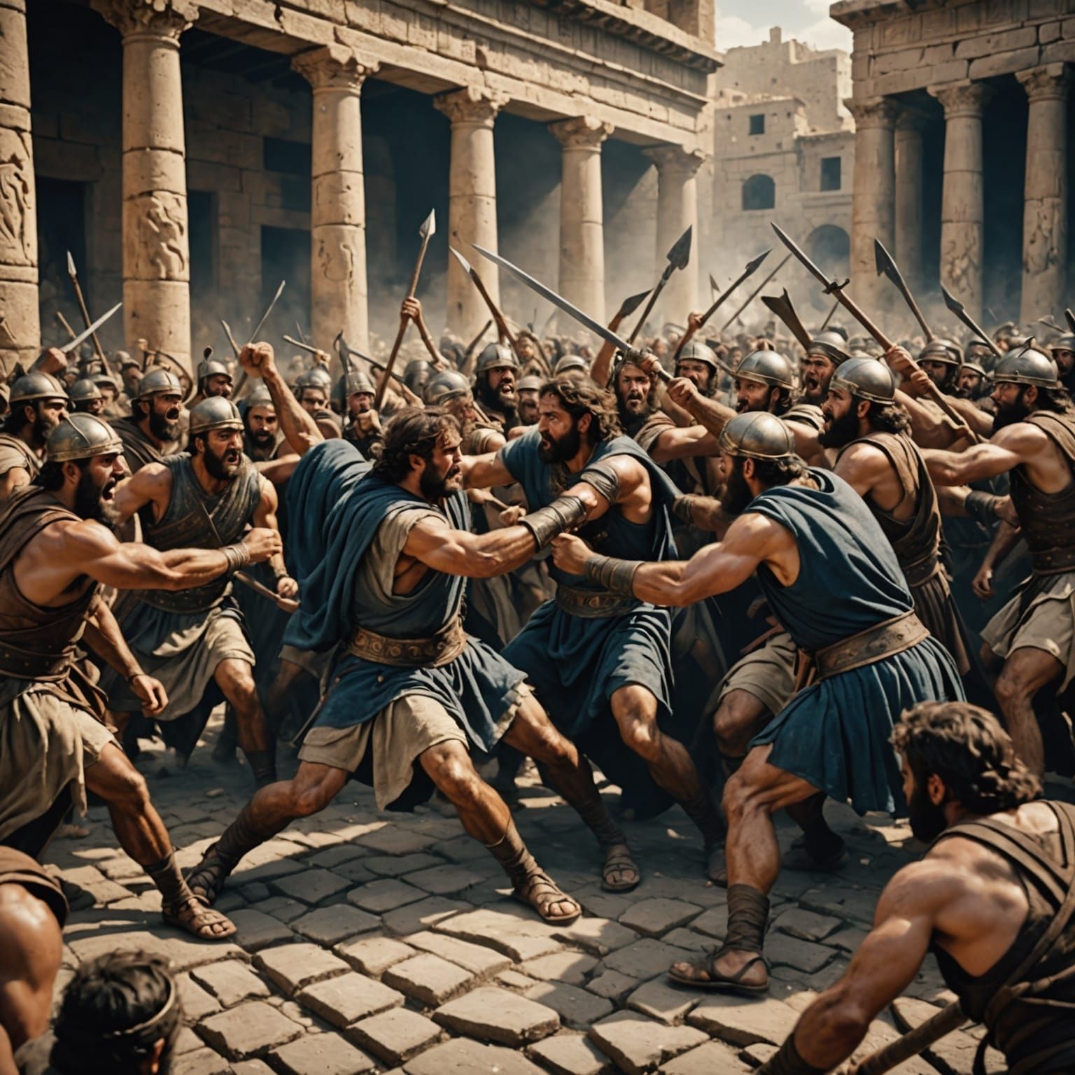 Biblical Battle Scene in Ancient City, Hyperrealistic 8K