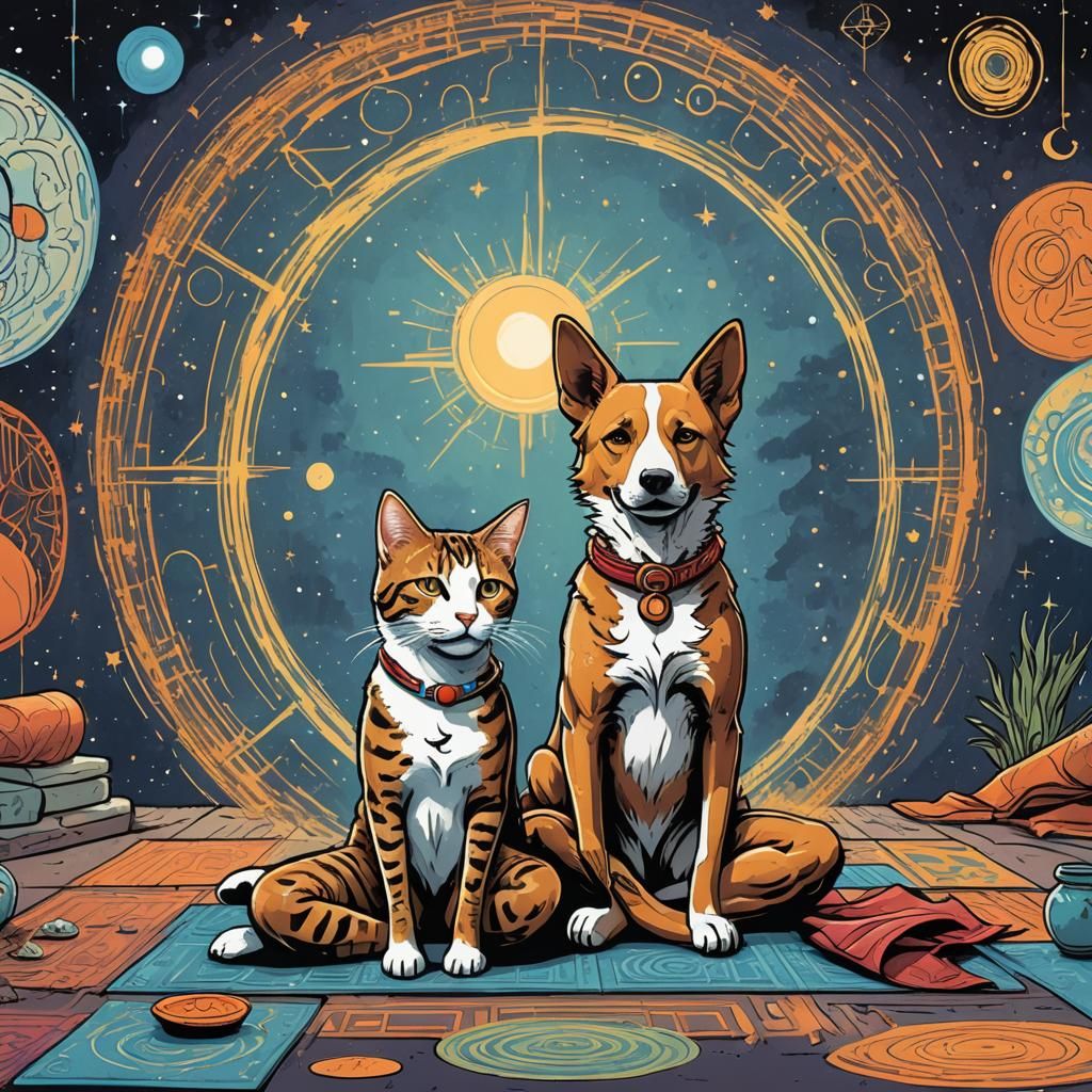 Dog and Cat Doing Yoga in Comic Book Style