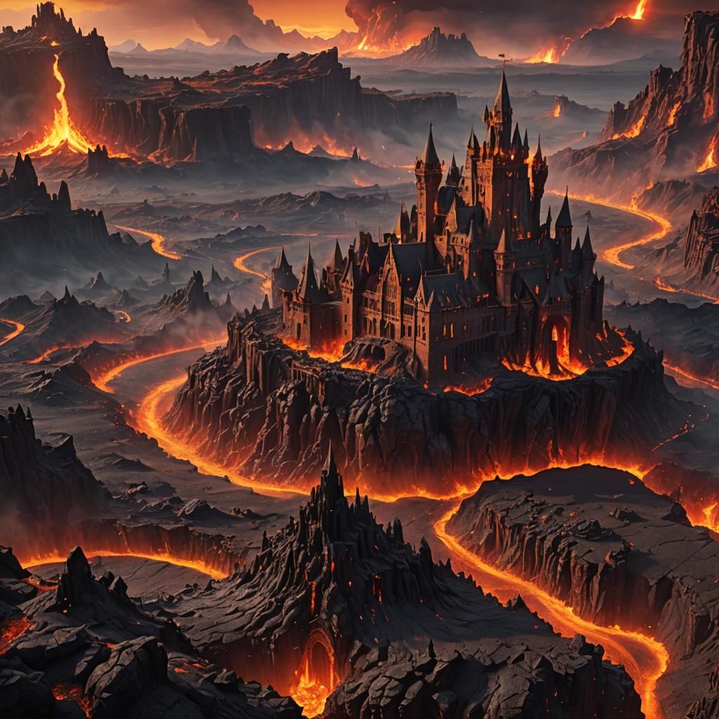 Fiery Landscape with Distant Castle in Fantasy Style