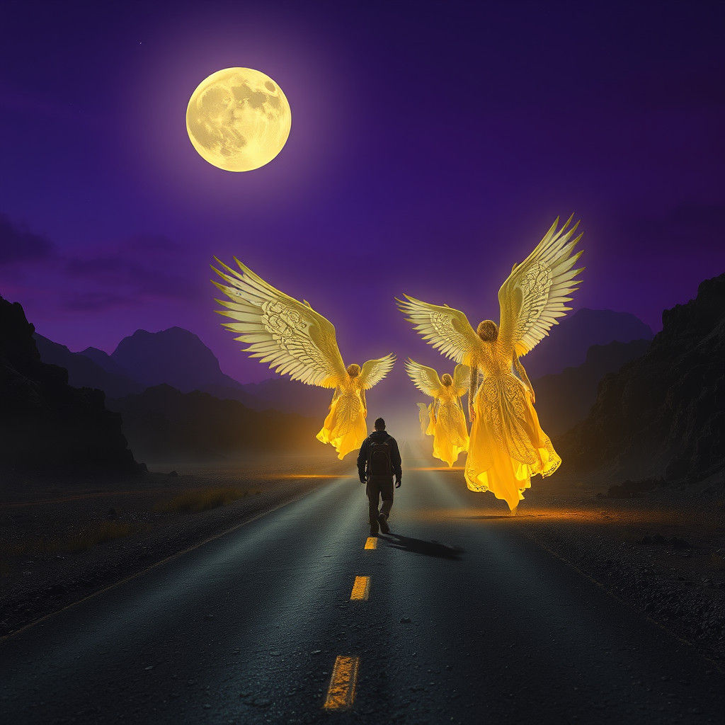 Angels on a Moonlit Road in Art Nouveau Style