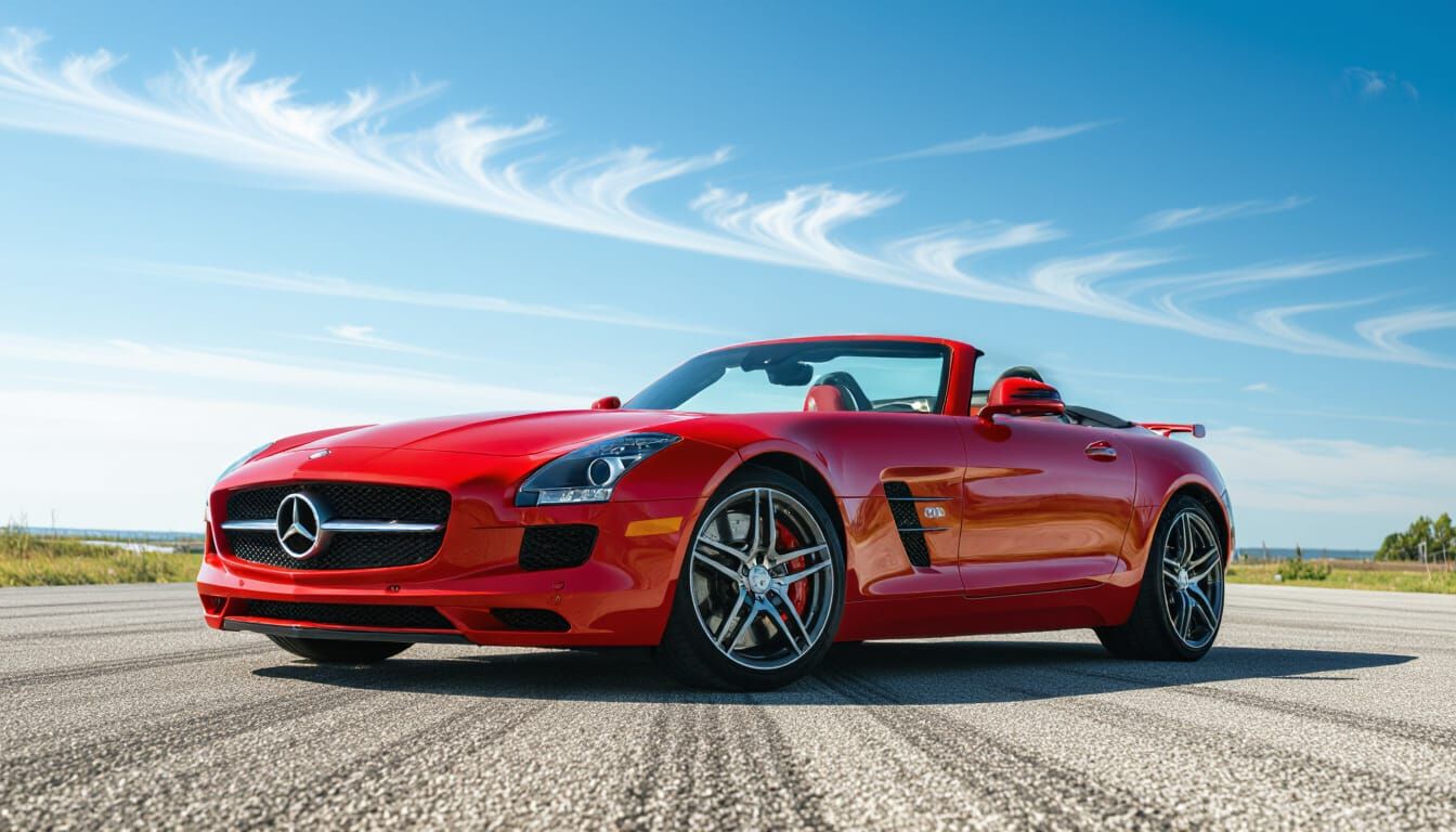 Red Mercedes SLS AMG Convertible on Empty Road