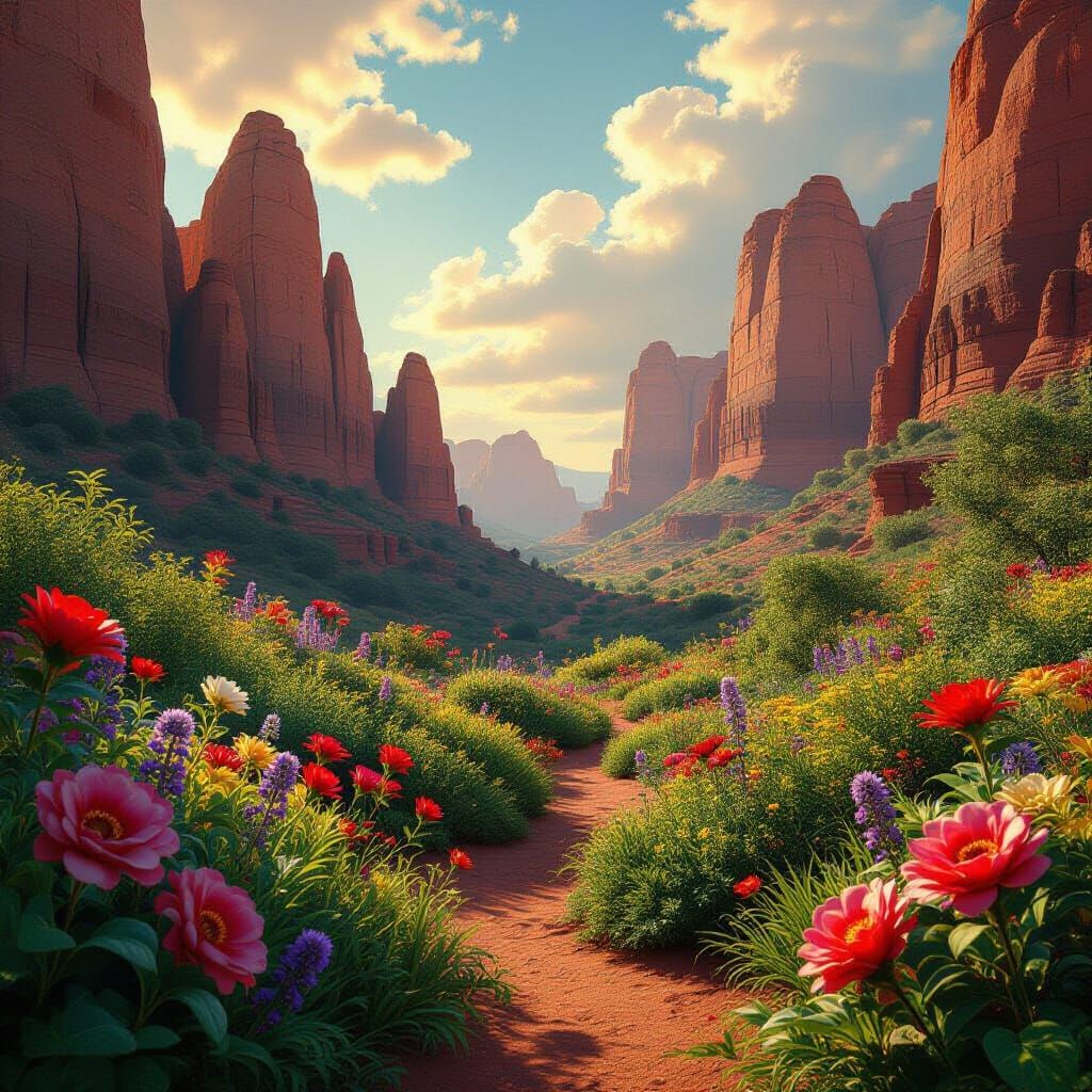 Psychedelic Garden with Red Rocks and Neon Flowers