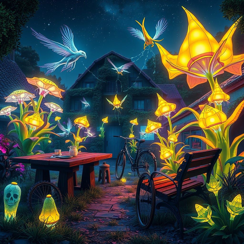 Surreal Garden in Vibrant Hyperrealistic Style