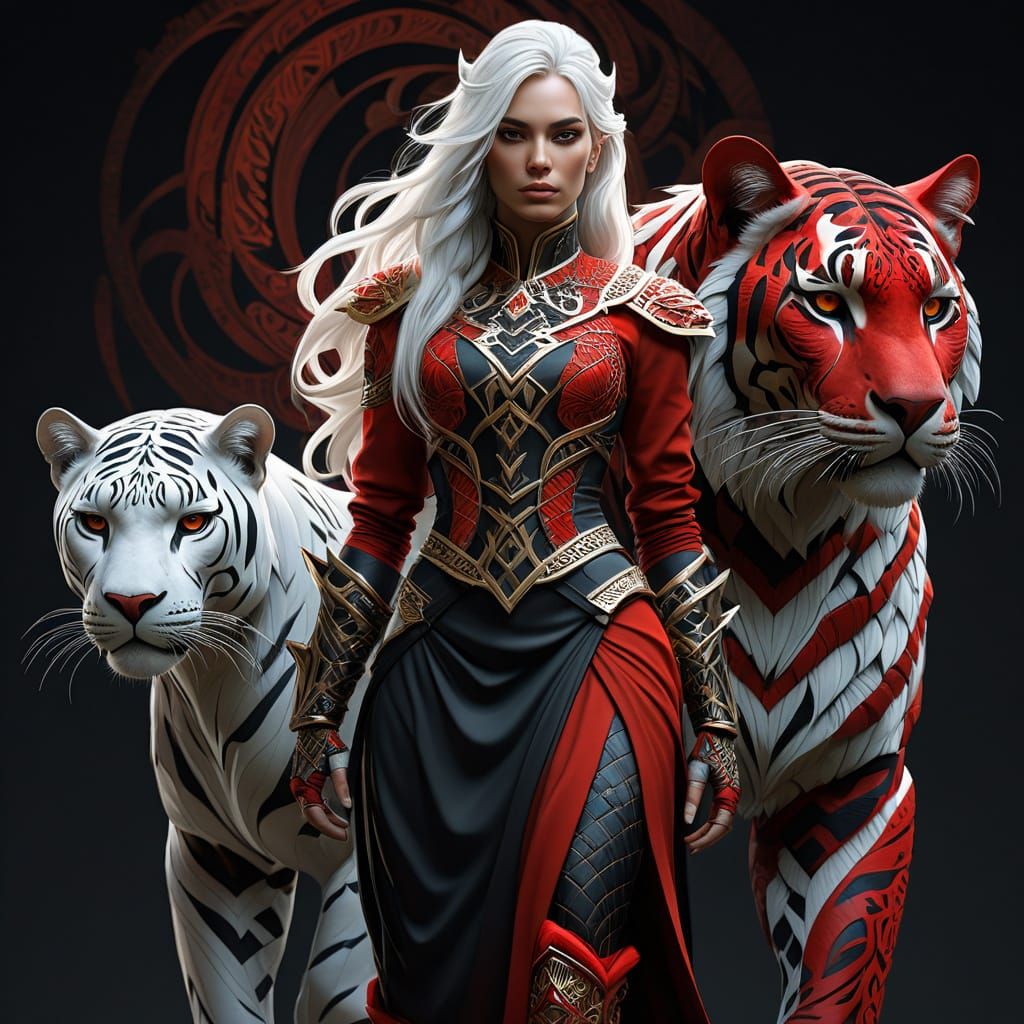 Warrior Woman and Red Panther in Abstract Fractal Art