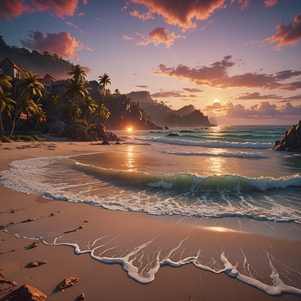 Colorful Sunset Beach: Fantasy Concept Art