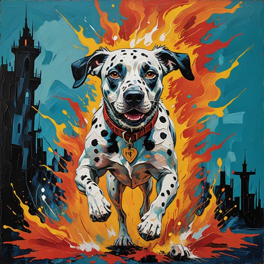 Neo-Expressionist Dalmatian Firefighter in Full Flight