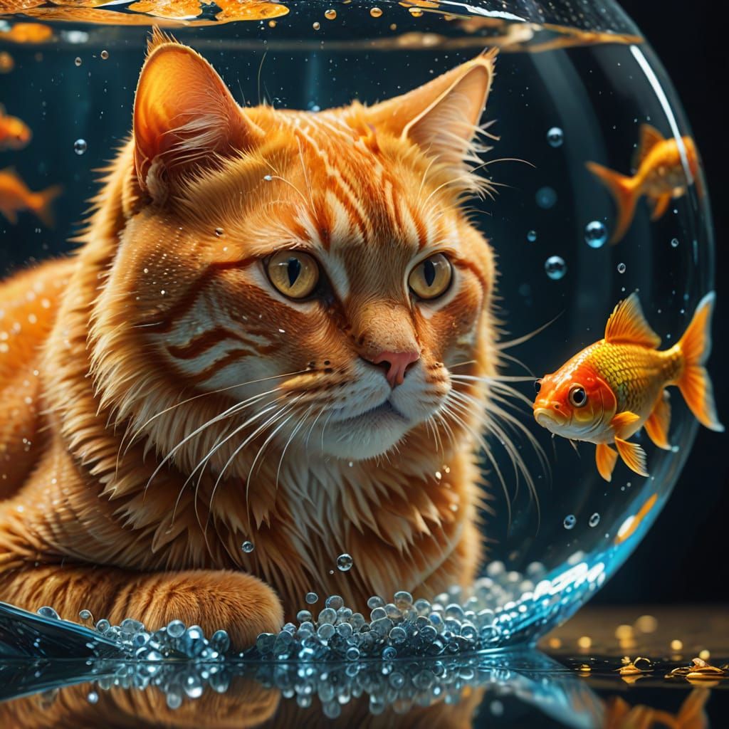Hyper-Realistic Orange Cat Observes Gold Fish in Its Tank