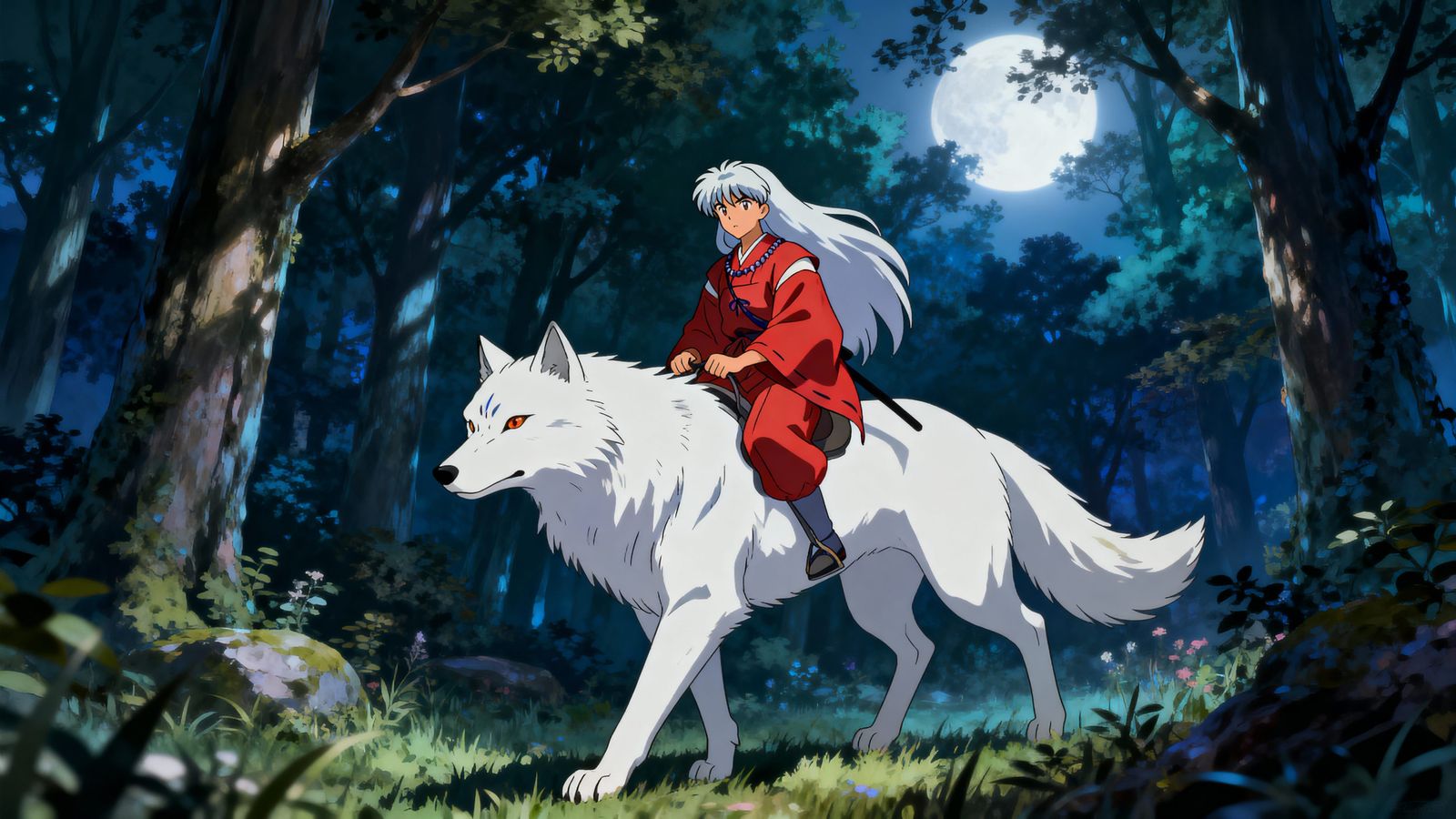 Inuyasha Rides a White Wolf in Ghibli Style