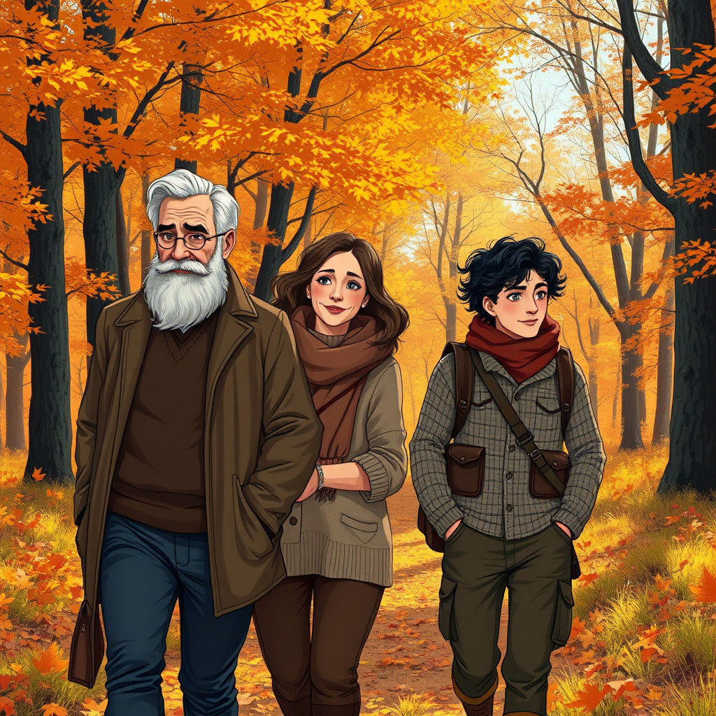 Autumn Family Stroll: Anime-Inspired Forest Scene