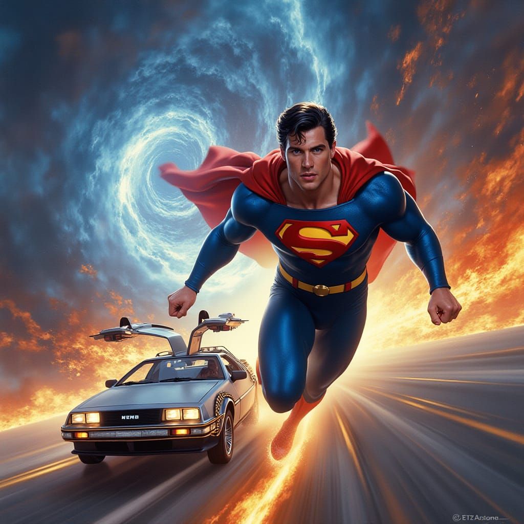 Superman and DeLorean Flying Together
