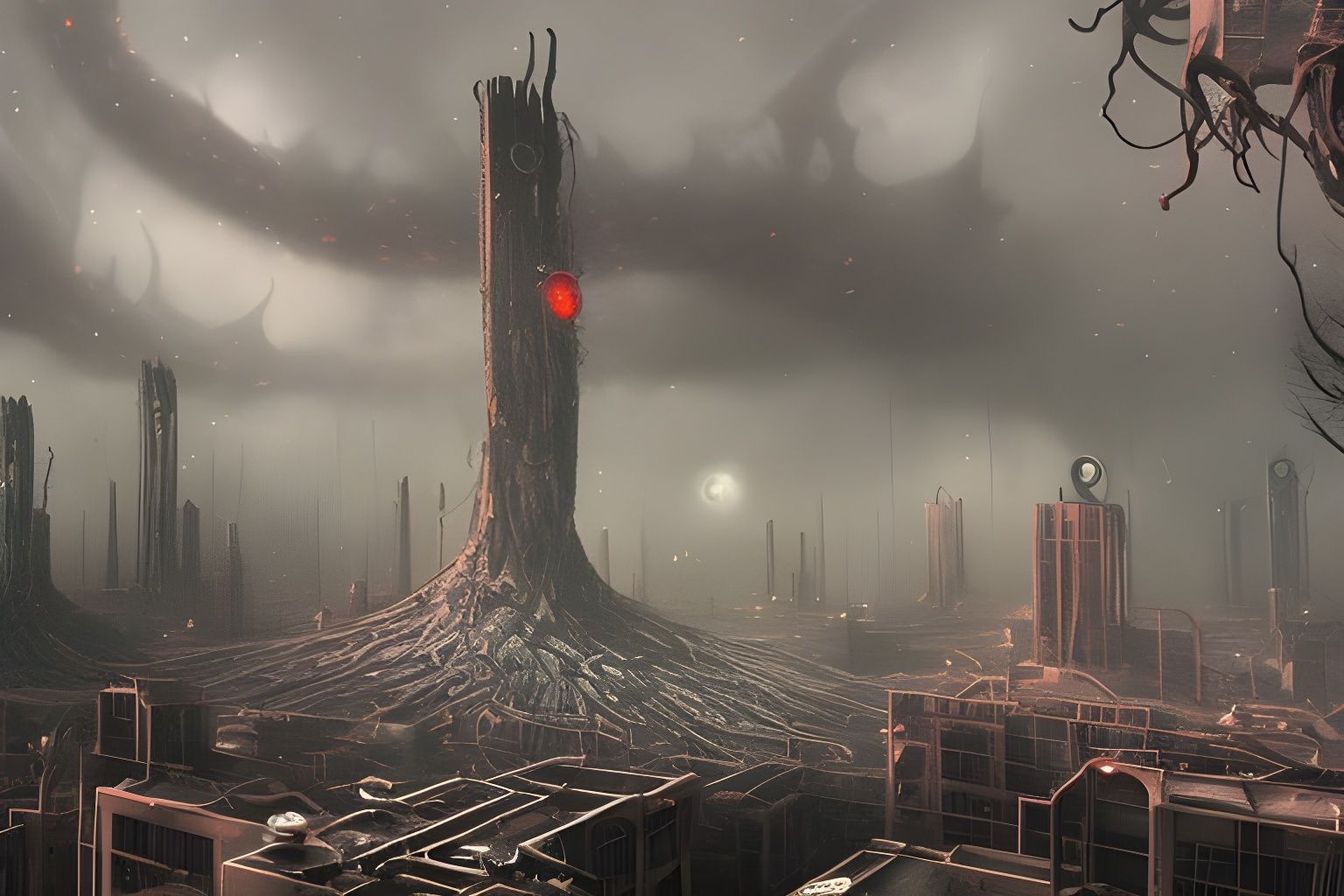 Lovecraftian City of Enigmatic Gods in Bleak Landscape